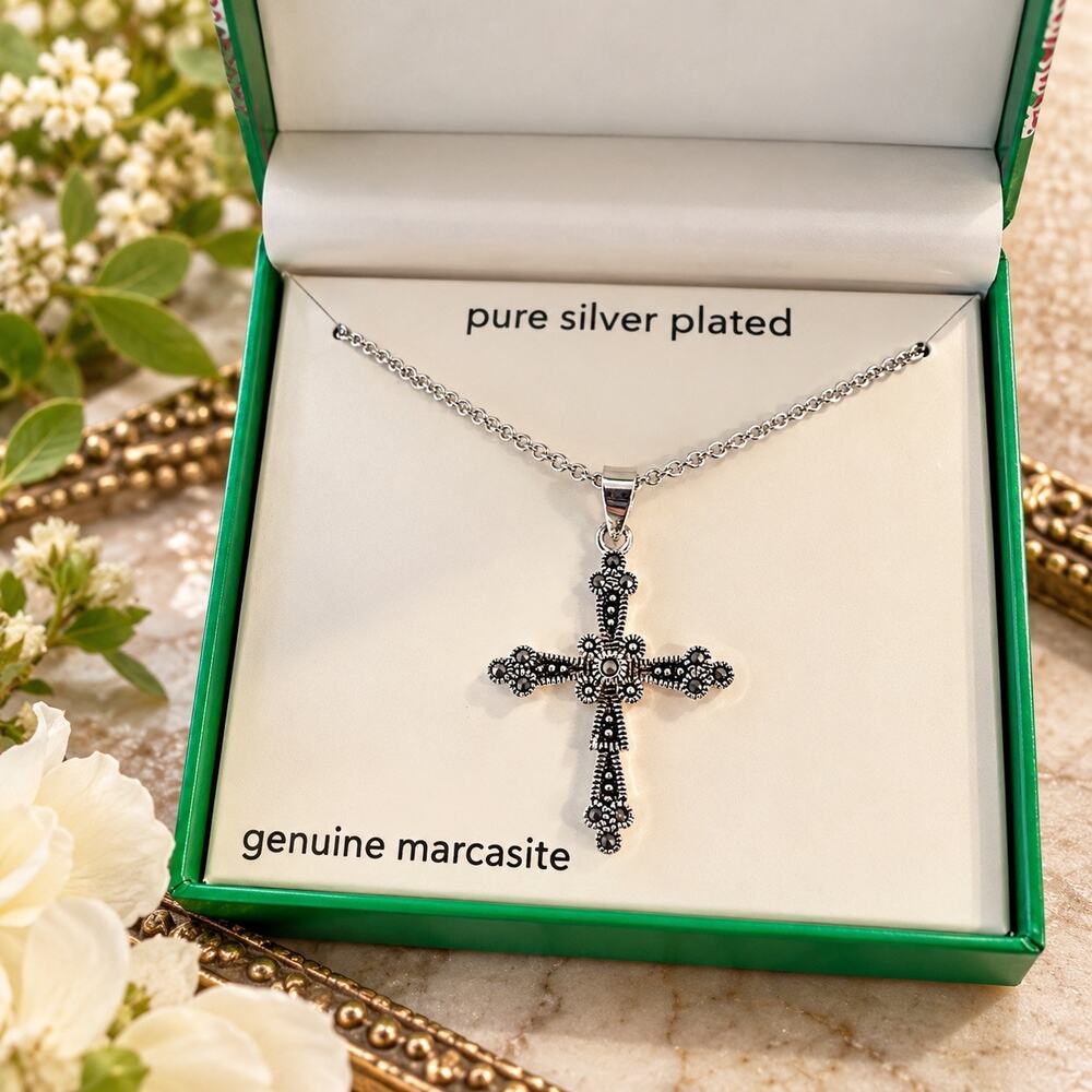 JCPenney Genuine Marcasite Cross Necklace Silver Plated Pendant Original Box NWT